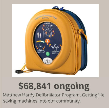 $68,841 ongoing Matthew Hardy Defibrillator Program. Getting life saving machines into our community.